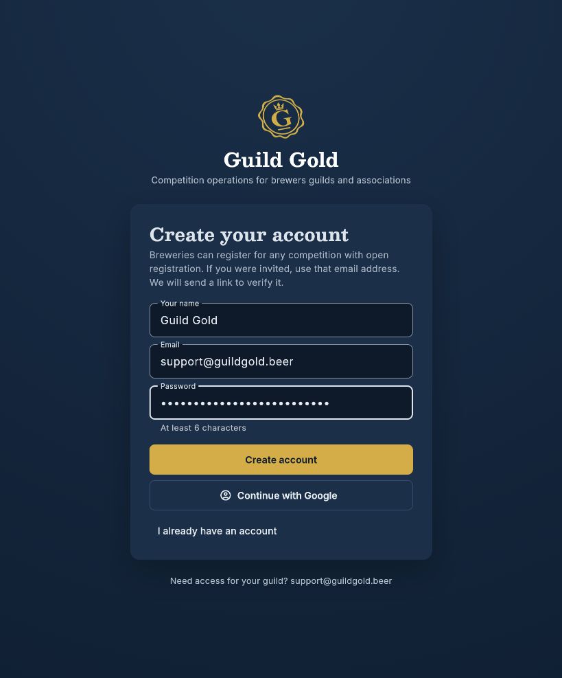 Guild Gold Create your account form with the name Guild Gold, support@guildgold.beer, a masked password, and the Create account button.