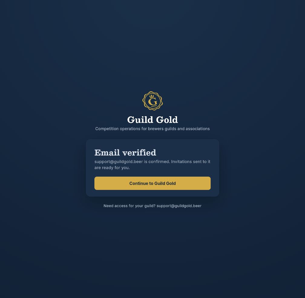 Branded Guild Gold page confirming Email verified with Continue to Guild Gold.