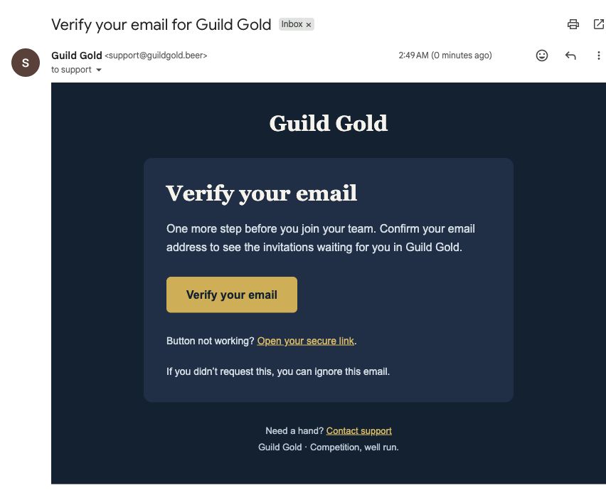 Branded Guild Gold verification email with a navy card and gold Verify your email button.