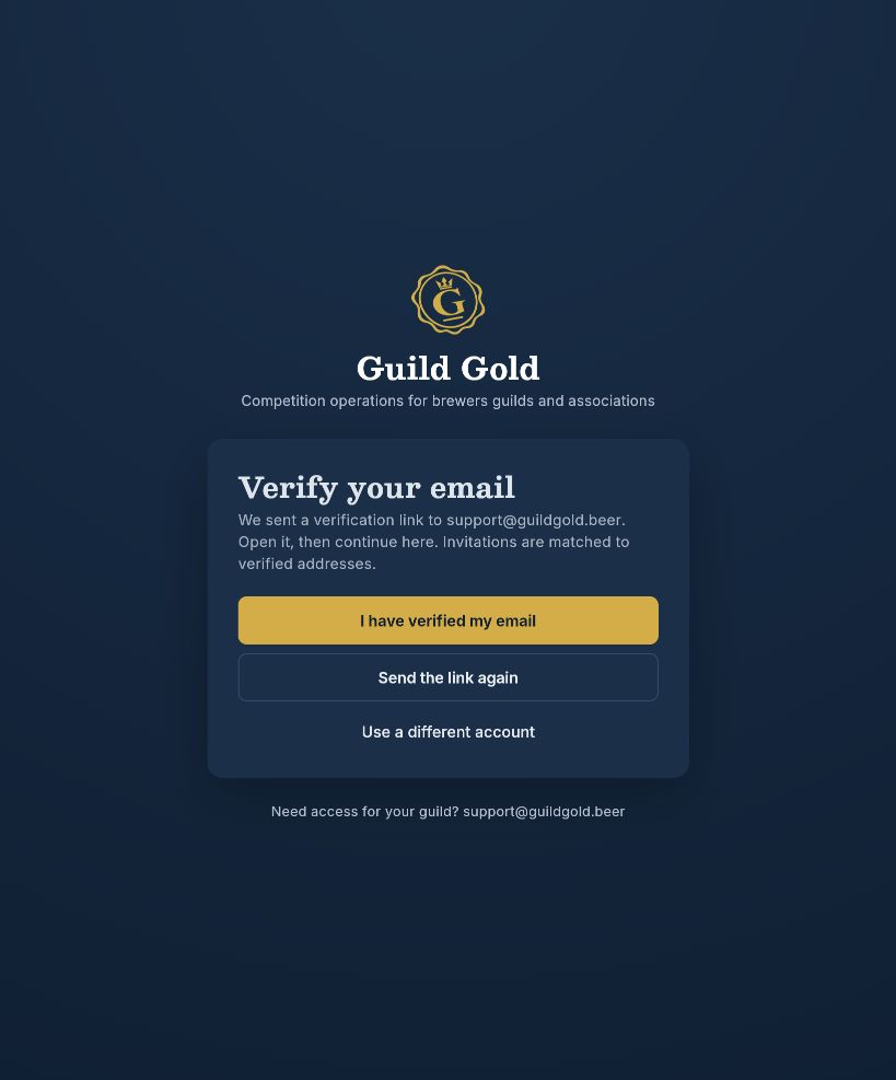 Guild Gold Verify your email screen with I have verified my email and Send the link again.